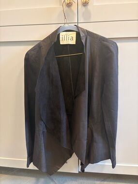Illia Black Draped Open-Front Leather Blazer